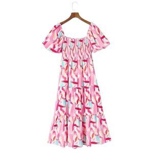 Pink Peasant Square Neck Tied Smocked Midi Flare Dress Sz Small